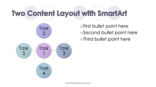 GroupC
GroupB
GroupA
Task 1
Task 2
Task 3
Task 4
Task 1
Task 2
Task 3
Task 4
Task 1
Task 2
Task 3
Task 4
• First bullet point here
• Second bullet point here
• Third bullet point here
Two Content Layout with SmartArt
www.MsWordPowerPointExpert.com
 