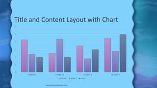 0
1
2
3
4
5
6
Category 1 Category 2 Category 3 Category 4
Series 1 Series 2 Series 3
Title and Content Layout with Chart
www.MsWordPowerPointExpert.com
 