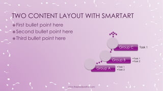 Task 1
Task 2
Task 3
 First bullet point here
 Second bullet point here
 Third bullet point here
Two Content Layout with SmartArt
www.MsWordPowerPointExpert.com
 