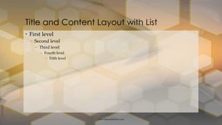 0011 0010 1010 1101 0001 0100 1011
 First level
 Second level
 Third level
 Fourth level
 Fifth level
Title and Content Layout with List
 