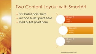 •Task 1
•Task 2
Group A
•Task 1
•Task 2
Group B
•Task 1
Group C
 First bullet point here
 Second bullet point here
 Third bullet point here
Two Content Layout with SmartArt
www.MsWordPowerPointExpert.com
 