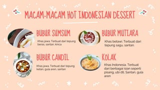 MACAM-MACAM HOT INDONESIAN DESSERT
BUBUR SUMSUM
Khas jawa. Terbuat dari tepung
beras, santan, kinca
BUBUR CANDIL
Khas jawa. Terbuat dari tepung
ketan, gula aren, santan
BUBUR MUTIARA
Khas betawi. Terbuat dari
tepung sagu, santan.
KOLAK
Khas Indonesia. Terbuat
dari berbagai isian seperti
pisang, ubi dll. Santan, gula
aren
 