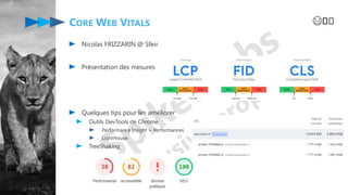 CORE WEB VITALS
Nicolas FRIZZARIN @ Sfeir
Présentation des mesures
Quelques tips pour les améliorer
Outils DevTools de Chrome
Performance Insight > Performances
LightHouse
TreeShaking
😄️️
 