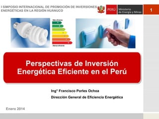 I SIMPOSIO INTERNACIONAL DE PROMOCIÓN DE INVERSIONES
ENERGÉTICAS EN LA REGIÓN HUÁNUCO

Perspectivas de Inversión
Energética Eficiente en el Perú
Ing° Francisco Porles Ochoa
Dirección General de Eficiencia Energética
Enero 2014

1

 