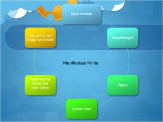 Manifestasi Klinis
Mual muntah
hepatomegali
Ptekie
Lemah lesu
Nyeri kepala
Nyeri otot
nyeri sendi
Demam 6 hari
tinggi mendadak
 