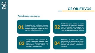 OS OBJETIVOS
Participantes da prosa:
Preparados para estabelecer conexão
concreta entre Estudos Orientados sob
a mediação do Tutor, Projeto de Vida e
a prática pedagógica cotidiana.
Com domínio sobre o conceito de
Estudos Orientados mediado pelo
Tutor e o desenvolvimento do
autodidatismo, Quatro Pilares da
Educação e Projeto de Vida.
Motivados a criar uma rotina
permanente de estudos a partir dos
Cadernos de Formação e demais
recursos que apoiem a sua contínua
formação.
01
Fortalecidos para realizar os ajustes
necessários em sua prática pedagógica
com a finalidade de assegurar os
Estudos Orientados sob medição do
Tutor no desenvolvimento do currículo.
02
03 04
 