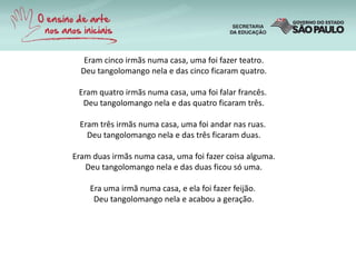 Eram cinco irmãs numa casa, uma foi fazer teatro.
Deu tangolomango nela e das cinco ficaram quatro.
Eram quatro irmãs numa casa, uma foi falar francês.
Deu tangolomango nela e das quatro ficaram três.
Eram três irmãs numa casa, uma foi andar nas ruas.
Deu tangolomango nela e das três ficaram duas.
Eram duas irmãs numa casa, uma foi fazer coisa alguma.
Deu tangolomango nela e das duas ficou só uma.
Era uma irmã numa casa, e ela foi fazer feijão.
Deu tangolomango nela e acabou a geração.
 