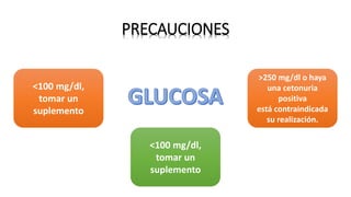 PRECAUCIONES
<100 mg/dl,
tomar un
suplemento
<100 mg/dl,
tomar un
suplemento
>250 mg/dl o haya
una cetonuria
positiva
está contraindicada
su realización.