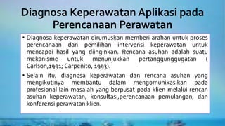 Diagnosa Keperawatan Aplikasi pada
Perencanaan Perawatan
• Diagnosa keperawatan dirumuskan memberi arahan untuk proses
perencanaan dan pemilihan intervensi keperawatan untuk
mencapai hasil yang diinginkan. Rencana asuhan adalah suatu
mekanisme untuk menunjukkan pertanggunggugatan (
Carlson,1991; Carpenito, 1993).
• Selain itu, diagnosa keperawatan dan rencana asuhan yang
mengikutinya membantu dalam mengomunikasikan pada
profesional lain masalah yang berpusat pada klien melalui rencan
asuhan keperawatan, konsultasi,perencanaan pemulangan, dan
konferensi perawatan klien.
 