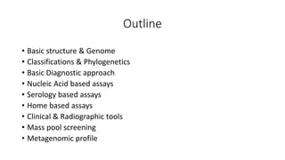 Outline
• Basic structure & Genome
• Classifications & Phylogenetics
• Basic Diagnostic approach
• Nucleic Acid based assays
• Serology based assays
• Home based assays
• Clinical & Radiographic tools
• Mass pool screening
• Metagenomic profile
 