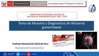 LABORATORIO DE REFERENCIA NACIONAL DE
BACTERIAS DE TRANSMISIÓN SEXUAL –DEET – CNSP.
Instituto Nacional de Salud de Peru
http://www.portal.ins.gob.pe/es/cnsp
Toma de Muestra y Diagnóstico de Neisseria
gonorrhoeae
 