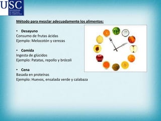 Método para mezclar adecuadamente los alimentos:
• Desayuno
Consumo de frutas ácidas
Ejemplo: Melocotón y cerezas
• Comida
Ingesta de glúcidos
Ejemplo: Patatas, repollo y brócoli
• Cena
Basada en proteínas
Ejemplo: Huevos, ensalada verde y calabaza

 