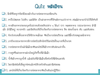 Quiz หลังเรียน
1. สิ่งมีชีวิตทุกชนิดมีโครงสร้างในการย่อยอาหารเหมือนกัน
2. คาร์โบไฮเดรต โปรตีน และลิพิด เป็นสารอาหารที่ให้พลังงานแก่ร่างกาย เซลล์สามารถนาไปใช้ได้ทันที
3. ทางเดินอาหารของมนุษย์ประกอบด้วยอวัยวะต่าง ๆ ได้แก่ ปาก หลอดอาหาร กระเพาะอาหาร ลาไส้
เล็ก ลาไส้ใหญ่ ทวารหนัก และมีอวัยวะที่เกี่ยวข้องกับการย่อยอาหาร คือ ต่อมนาลาย ตับ และตับอ่อน
4. ฟันช่วยบดเคียวอาหารให้มีขนาดเล็กลง จัดเป็นการย่อยเชิงกล และมีลินช่วยคลุกเคล้าอาหาร
5. ภายในกระเพาะอาหารมีการย่อยโปรตีนโดยใช้เอนไซม์ในภาวะที่เป็นกรด
6. การย่อยอาหารในลาไส้เล็กอาศัยเอนไซม์ที่สร้างจากตับอ่อนเท่านัน
7. การดูดซึมสารอาหารส่วนใหญ่เกิดขึนที่ลาไส้เล็ก
8. นาดีสร้างจากถุงนาดี แล้วส่งไปที่ลาไส้เล็กเพื่อช่วยให้ลิพิดแตกตัว
9. ไตรกลีเซอไรด์เมื่อถูกย่อยแล้วจะได้กรดไขมันและกลีเซอรอล
10. เอนไซม์ที่เกี่ยวข้องกับการย่อยอาหารจัดเป็นตัวเร่งปฏิกิริยา
BY THANYAMON CHATURAVITKUL 53
 