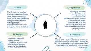 C. Nilai
Merek juga menyatakan
nilai bagi produsen. Merek
yang memiliki nilai tinggi
akan dilihat oleh konsumen
sebagai merek berkelas
sehingga dapat
mencerminkan kelas dari
pengguna merek tersebut.
E. Kepribadian
Merek juga memiliki
kepribadian, yaitu
kepribadian bagi
penggunanya. Jadi, dengan
menggunakan merek,
diharapkan kepribadian
pengguna akan tecermin
bersamaan dengan merek
yang ia gunakan.
F. Pemakai
Merek juga menunjukkan jenis konsumen
pemakai merek tersebut. Itulah sebabnya,
para pemasar selalu menggunakan anologi
orang-orang terkenal untuk penggunaan
mereknya.
D. Budaya
Merek juga mewakili
budaya tertentu.
Contohnya, suatu produk
diasosiasikan dengan
budaya-budaya tertentu.
 
