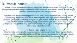 Produk industri adalah seluruh produk yang dibeli oleh produsen suatu barang/jasa untuk
selanjutnya digunakan sebagai bahan baku untuk membuat produk baru. Produk industri terbagi
menjadi beberapa bagian, yaitu sebagai berikut.
1) Bahan baku dan suku cadang (material and parts) Bahan baku dan suku cadang adalah
produk yang diperlukan untuk diolah menjadi produk baru agar memiliki manfaat lebih.
Umumnya, jenis produk ini terbagi menjadi dua, yaitu bahan mentah dan suku cadang. Contoh
produk bahan mentah adalah kayu yang bisa diolah menjadi lemari, kursi, meja, dan
sebagainya serta gandum yang bisa diolah menjadi roti. Adapun contoh produk industri jenis
suku cadang adalah layar LCD.
2) Barang modal (capital items)
Barang modal adalah produk yang mampu memudahkan produsen dalam mengelola atau
mengembangkan suatu produk serta memiliki daya tahan yang tergolong lama, seperti pabrik,
bangunan kantor, laptop, mobil, mesin produksi, dan sebagainya.
B. Produk Industri
 