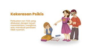 Kekerasan Psikis
Perbuatan non-fisik yang
dilakukan dengan tujuan
merendahkan, menghina,
atau membuat perasaan
tidak nyaman.
 