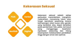 Kekerasan Seksual
Kekerasan seksual adalah setiap
perbuatan merendahkan, menghina,
melecehkan, menyerang tubuh atau
fungsi reproduksi seseorang, karena
ketimpangan relasi kuasa atau gender
yang berakibat atau dapat berakibat
pada penderitaan fisik, psikis, termasuk
yang mengganggu kesehatan
reproduksi seseorang dan hilang
kesempatan melaksanakan pendidikan
tinggi dengan aman dan optimal.
Fisik Verbal
Nonfisik Digital
 