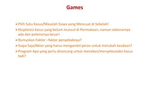 Games
Pilih Satu Kasus/Masalah Siswa yang Mencuat di Sekolah!
Eksplorasi kasus yang belum muncul di Permukaan, namun sebenarnya
ada dan potensinya besar!
Rumuskan Faktor –faktor penyebabnya?
Siapa Saja/Aktor yang harus mengambil peran untuk merubah keadaan?
Program Apa yang perlu dirancang untuk menekan/menyelesaiakn kasus
tadi?
 