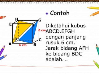 Contoh
Diketahui kubus
ABCD.EFGH
dengan panjang
rusuk 6 cm.
Jarak bidang AFH
ke bidang BDG
adalah….
A B
CD
H
E F
G
6 cm
6 cm
 