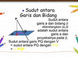 P
Q
Sudut antara
Garis dan Bidang
Sudut antara
garis a dan bidang
dilambangkan (a, )
adalah sudut antara
garis a dan
proyeksinya pada .
Sudut antara garis PQ dengan V
= sudut antara PQ dengan P’Q
= PQP’
P’
 