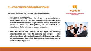 Se puede dividir en dos tipos de Coaching diferentes:
- COACHING EMPRESARIAL: Se dirige a organizaciones o
empresas en general y no sólo a los ejecutivos. Incluye temas
como el empoderamiento, la gestión del tiempo, favorecer las
relaciones entre los trabajadores, la productividad, la
satisfacción de los clientes, el trabajo en equipo.
- COACHIG EJECUTIVO: Dentro de los tipos de Coaching
organizacional, este tipo de Coaching está dirigido a altos
ejecutivos. Hace referencia al desarrollo del liderazgo y explora
las habilidades de dirección y de comunicación interpersonal, el
rendimiento del personal.
 