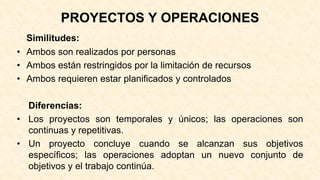 PROYECTOS Y OPERACIONES
Similitudes:
• Ambos son realizados por personas
• Ambos están restringidos por la limitación de recursos
• Ambos requieren estar planificados y controlados
Diferencias:
• Los proyectos son temporales y únicos; las operaciones son
continuas y repetitivas.
• Un proyecto concluye cuando se alcanzan sus objetivos
específicos; las operaciones adoptan un nuevo conjunto de
objetivos y el trabajo continúa.
 
