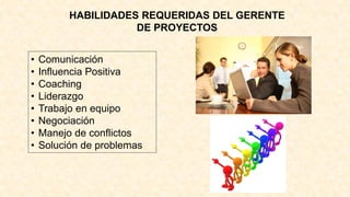 HABILIDADES REQUERIDAS DEL GERENTE
DE PROYECTOS
• Comunicación
• Influencia Positiva
• Coaching
• Liderazgo
• Trabajo en equipo
• Negociación
• Manejo de conflictos
• Solución de problemas
 