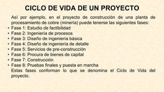 CICLO DE VIDA DE UN PROYECTO
Así por ejemplo, en el proyecto de construcción de una planta de
procesamiento de cobre (minería) puede tenerse las siguientes fases:
• Fase 1: Estudio de factibilidad
• Fase 2: Ingeniería de procesos
• Fase 3: Diseño de ingeniería básica
• Fase 4: Diseño de ingeniería de detalle
• Fase 5: Servicios de pre-construcción
• Fase 6: Procura de bienes de capital
• Fase 7: Construcción
• Fase 8: Pruebas finales y puesta en marcha
Estas fases conforman lo que se denomina el Ciclo de Vida del
proyecto.
 