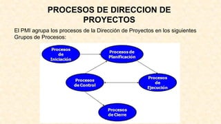 PROCESOS DE DIRECCION DE
PROYECTOS
El PMI agrupa los procesos de la Dirección de Proyectos en los siguientes
Grupos de Procesos:
 