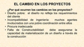 EL CAMBIO EN LOS PROYECTOS
¿Por qué ocurren los cambios en los proyectos?
• Diseño pobre: el diseño no refleja los requerimientos
del cliente
• Incompatibilidad de ingeniería: muchos agentes
involucrados con una pobre coordinación entre ellos
• Procura inadecuada
• Falta de Constructabilidad: debe asegurarse la
capacidad de materialización de un diseño a través de
la construcción
 