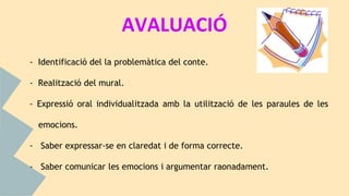 AVALUACIÓ
- Identificació del la problemàtica del conte.
- Realització del mural.
- Expressió oral individualitzada amb la utilització de les paraules de les
emocions.
- Saber expressar-se en claredat i de forma correcte.
- Saber comunicar les emocions i argumentar raonadament.
 