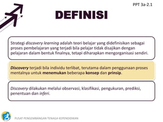 PUSAT PENGEMBANGAN TENAGA KEPENDIDIKAN 2
DEFINISI
Strategi discovery learning adalah teori belajar yang didefinisikan sebagai
proses pembelajaran yang terjadi bila pelajar tidak disajikan dengan
pelajaran dalam bentuk finalnya, tetapi diharapkan mengorganisasi sendiri.
Discovery terjadi bila individu terlibat, terutama dalam penggunaan proses
mentalnya untuk menemukan beberapa konsep dan prinsip.
Discovery dilakukan melalui observasi, klasifikasi, pengukuran, prediksi,
penentuan dan inferi.
PPT 3a-2.1
 