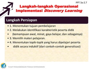 PUSAT PENGEMBANGAN TENAGA KEPENDIDIKAN 8
Langkah-langkah Operasional
Implementasi Discovery Learning
Langkah Persiapan
• 1. Menentukan tujuan pembelajaran
• 2. Melakukan identifikasi karakteristik peserta didik
• (kemampuan awal, minat, gaya belajar, dan sebagainya)
• 3. Memilih materi pelajaran.
• 4. Menentukan topik-topik yang harus dipelajari peserta
• didik secara induktif (dari contoh-contoh generalisasi)
PPT 3a-2.7
 