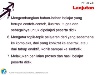 PUSAT PENGEMBANGAN TENAGA KEPENDIDIKAN 9
Lanjutan
5. Mengembangkan bahan-bahan belajar yang
berupa contoh-contoh, ilustrasi, tugas dan
sebagainya untuk dipelajari peserta didik
6. Mengatur topik-topik pelajaran dari yang sederhana
ke kompleks, dari yang konkret ke abstrak, atau
dari tahap enaktif, ikonik sampai ke simbolik
7. Melakukan penilaian proses dan hasil belajar
peserta didik
PPT 3a-2.8
 