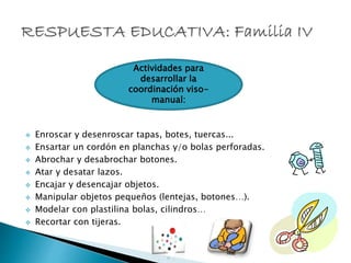  Enroscar y desenroscar tapas, botes, tuercas...
 Ensartar un cordón en planchas y/o bolas perforadas.
 Abrochar y desabrochar botones.
 Atar y desatar lazos.
 Encajar y desencajar objetos.
 Manipular objetos pequeños (lentejas, botones…).
 Modelar con plastilina bolas, cilindros…
 Recortar con tijeras.
Actividades para
desarrollar la
coordinación viso-
manual:
 