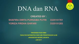 DNA dan RNA
CREATED BY :
SHAFIRA DWITA PURNAMA PUTRI 3325151761
YORIZA FIRDHA GHIFARI 3325151283
PROGRAM STUDI KIMIA
FAKULTAS MATEMATIKA DAN ILMU PENGETAHUAN ALAM
UNIVERSITAS NEGERI JAKARTA
JUNI 2017
 