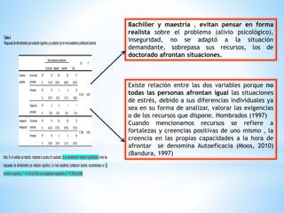 Tabla4
Respuestadeafrontamientoporevitacióncognitivaysurelaciónconelnivelacadémicoprofesionaldocente.
Nivelacadémicoprofesional
Total
Chi P
Doctorado Maestría Bachiller
Evitación
cognitiva
Encimadel
promedio
Nº 19 30 28 77
14.139 0.007
% 61,3% 93,8% 84,8% 80,2%
Promedio Nº 12 2 4 18
% 38,7% 6,3% 12,1% 18,8%
Debajodel
promedio
Nº 0 0 1 1
% 0,0% 0,0% 3,0% 1,0%
Aceptación
Resignación
Encimadel
promedio
Nº 15 28 29 72
17.296 0.000
% 48,4% 87,5% 87,9% 75,0%
Promedio Nº 16 4 4 24
% 51,6% 12,5% 12,1% 25,0%
Nota: En el análisis de relación, mediante la prueba chi cuadrada; si se encontraron relación significativa entre las
respuestas de afrontamiento por evitación cognitiva y el nivel académico profesional docente, encontrándose en la
evitacióncognitivaχ2
=14.139(p<0.05)yenaceptaciónresignaciónχ2
=17.296(p<0.05)
Bachiller y maestría , evitan pensar en forma
realista sobre el problema (alivio psicológico),
inseguridad, no se adaptó a la situación
demandante, sobrepasa sus recursos, los de
doctorado afrontan situaciones.
Existe relación entre las dos variables porque no
todas las personas afrontan igual las situaciones
de estrés, debido a sus diferencias individuales ya
sea en su forma de analizar, valorar las exigencias
o de los recursos que dispone. Hombrados (1997)
Cuando mencionamos recursos se refiere a
fortalezas y creencias positivas de uno mismo , la
creencia en las propias capacidades a la hora de
afrontar se denomina Autoeficacia (Moos, 2010)
(Bandura, 1997)
 