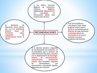 RECOMENDACIONES
A las UGELs, Gerencia
Regional de Educación,
Gobierno Regional,
implementar departamento
de psicología en
Instituciones donde esté
ausente este servicio.
Si el docente presenta respuestas
de afrontamiento por evitación, es
recomendable que el Director de
cada Institución Educativa coordine
con el departamento de psicología,
talleres de autoevaluación,
autoconfianza, preparación
mental, para fortalecer respuesta
de afrontamiento por
aproximación, controlando aquellas
respuestas por evitación.
Si el nivel académico
contribuye a tener mejor
grado de control ante el
estrés se recomienda que el
Director de cada institución
contemple planes de
motivación en el cual se
incentive el avance
académico del docente.
Al Ministerio de
Educación incluir dentro
del currículo profesional
docente áreas de
formación sobre
respuestas de
afrontamiento frente al
estrés.
 