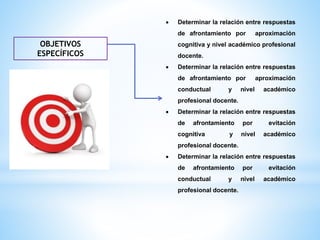 OBJETIVOS
ESPECÍFICOS
 Determinar la relación entre respuestas
de afrontamiento por aproximación
cognitiva y nivel académico profesional
docente.
 Determinar la relación entre respuestas
de afrontamiento por aproximación
conductual y nivel académico
profesional docente.
 Determinar la relación entre respuestas
de afrontamiento por evitación
cognitiva y nivel académico
profesional docente.
 Determinar la relación entre respuestas
de afrontamiento por evitación
conductual y nivel académico
profesional docente.
 