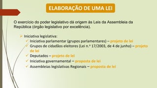 O exercício do poder legislativo dá origem às Leis da Assembleia da
República (órgão legislativo por excelência).
➢ Iniciativa legislativa:
✓ Iniciativa parlamentar (grupos parlamentares) – projeto de lei
✓ Grupos de cidadãos eleitores (Lei n.o 17/2003, de 4 de junho) – projeto
de lei
✓ Deputados – projeto de lei
✓ Iniciativa governamental ‒ proposta de lei
✓ Assembleias legislativas Regionais ‒ proposta de lei
ELABORAÇÃO DE UMA LEI
 