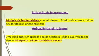 Aplicação da lei no espaço
Principio da Territorialidade – as leis de um Estado aplicam-se a todo o
seu território e unicamente nele.
Aplicação da lei no tempo
Uma lei só pode ser aplicada a casos ocorridos após a sua entrada em
vigor – Princípio da não retroatividade das leis
 