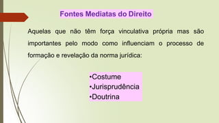 Fontes Mediatas do Direito
Aquelas que não têm força vinculativa própria mas são
importantes pelo modo como influenciam o processo de
formação e revelação da norma jurídica:
•Costume
•Jurisprudência
•Doutrina
 