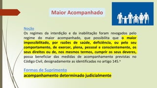 Maior Acompanhado
Noção
Os regimes da interdição e da inabilitação foram revogados pelo
regime do maior acompanhado, que possibilita que o maior
impossibilitado, por razões de saúde, deficiência, ou pelo seu
comportamento, de exercer, plena, pessoal e conscientemente, os
seus direitos ou de, nos mesmos termos, cumprir os seus deveres,
possa beneficiar das medidas de acompanhamento previstas no
Código Civil, designadamente as identificadas no artigo 145.o
Formas de Suprimento
acompanhamento determinado judicialmente
 