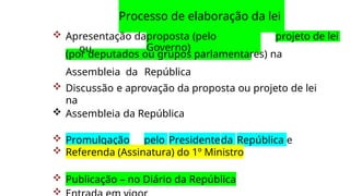 Processo de elaboração da lei
proposta (pelo
Governo)
 Apresentação da
ou
projeto de lei
(por deputados ou grupos parlamentares) na
Assembleia da República
 Discussão e aprovação da proposta ou projeto de lei
na
 Assembleia da República
 Promulgação pelo Presidenteda República e
 Referenda (Assinatura) do 1º Ministro
 Publicação – no Diário da República

 