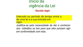 Início da
vigência da Lei
Vacatio legis
Intervalo ou período de tempo entre a
publicação
de uma lei e a sua entrada em
vigor.
Justifica-se pela necessidade de dar a conhecer
aos cidadãos as leis para que eles possam agir
em conformidade com elas.
 