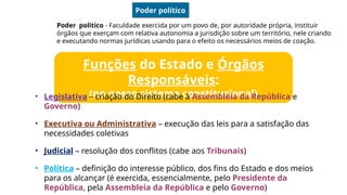 Poder político
Poder político - Faculdade exercida por um povo de, por autoridade própria, instituir
órgãos que exerçam com relativa autonomia a jurisdição sobre um território, nele criando
e executando normas jurídicas usando para o efeito os necessários meios de coação.
Funções do Estado e Órgãos
Responsáveis:
(no nosso sistema constitucional)
• Legislativa – criação do Direito (cabe à Assembleia da República e
Governo)
• Executiva ou Administrativa – execução das leis para a satisfação das
necessidades coletivas
• Judicial – resolução dos conflitos (cabe aos Tribunais)
• Política – definição do interesse público, dos fins do Estado e dos meios
para os alcançar (é exercida, essencialmente, pelo Presidente da
República, pela Assembleia da República e pelo Governo)
 