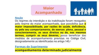 Maior
Acompanhado
Noção
Os regimes da interdição e da inabilitação foram revogados
pelo regime do maior acompanhado, que possibilita que o
maior impossibilitado, por razões de saúde, deficiência,
ou pelo seu comportamento, de exercer, plena, pessoal e
conscientemente, os seus direitos ou de, nos mesmos
termos, cumprir os seus deveres, possa beneficiar das
medidas de acompanhamento previstas no Código Civil,
designadamente as identificadas no artigo 145.o
Formas de Suprimento
acompanhamento determinado judicialmente
 