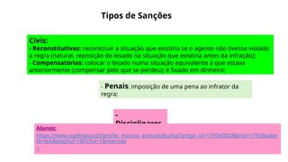 - Penais: imposição de uma pena ao infrator da
regra;
Tipos de Sanções
Civis:
- Reconstitutivas: reconstruir a situação que existiria se o agente não tivesse violado
a regra (natural, reposição do lesado na situação que existiria antes da infração);
- Compensatórias: colocar o lesado numa situação equivalente à que estava
anteriormente (compensar pelo que se perdeu); é fixado em dinheiro;
-
Disciplinares
Alunos:
https://www.pgdlisboa.pt/leis/lei_mostra_articulado.php?artigo_id=1793A0028&nid=1793&tabe
la=leis&pagina=1&ficha=1&nversao
=
 