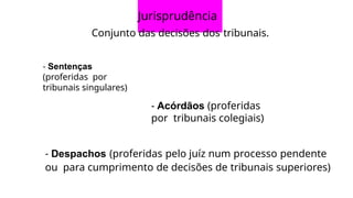 Jurisprudência
Conjunto das decisões dos tribunais.
- Sentenças
(proferidas por
tribunais singulares)
- Acórdãos (proferidas
por tribunais colegiais)
- Despachos (proferidas pelo juíz num processo pendente
ou para cumprimento de decisões de tribunais superiores)
 