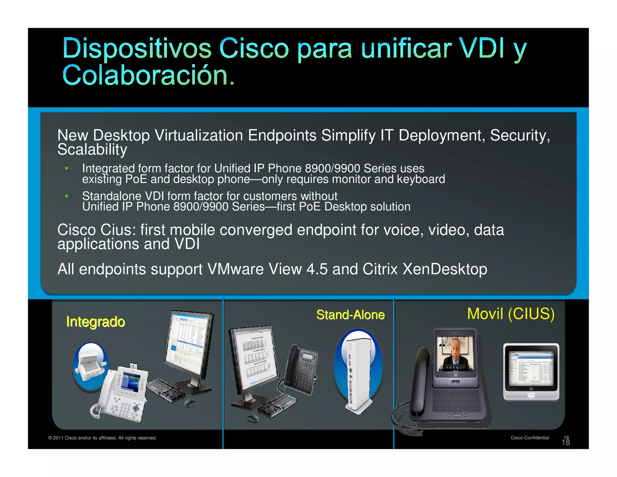 New Desktop Virtualization Endpoints Simplify IT Deployment, Security,
    Scalability
        •        Integrated form factor for Unified IP Phone 8900/9900 Series uses
                 existing PoE and desktop phone—only requires monitor and keyboard
        •        Standalone VDI form factor for customers without
                 Unified IP Phone 8900/9900 Series—first PoE Desktop solution

    Cisco Cius: first mobile converged endpoint for voice, video, data
    applications and VDI
    All endpoints support VMware View 4.5 and Citrix XenDesktop


        Integrado
                                                           Stand-Alone
                                                           Stand-                    Movil (CIUS)




© 2011 Cisco and/or its affiliates. All rights reserved.                                  Cisco Confidential   18
                                                                                                               18
 